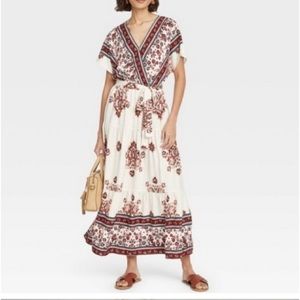 KNOX ROSE boho belted batwing Indian floral print tiered maxi dress